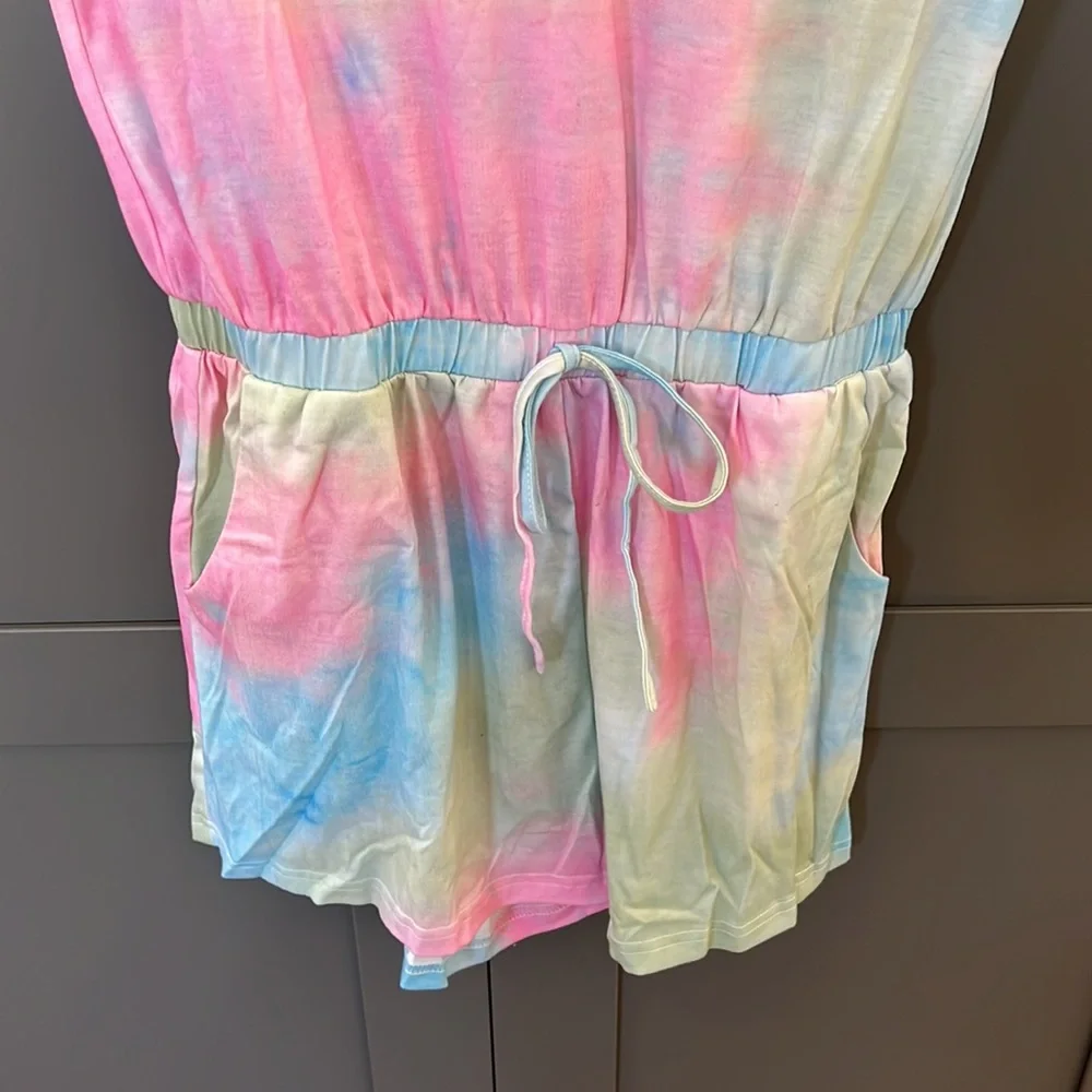 NWOT Pink/Green/BlueTie DyeRomper w/ Elastic Waistband,Pockets&KeyholeBack - Picture 4 of 7